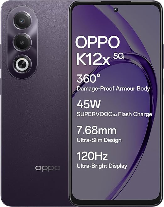 Oppo K12x 5G Smartphone (8GB RAM + 256GB Storage) | 16.94cm LCD Display, 5100mAh Battery | 45W SUPERVOOC Flash Charge | 360° Damage-Proof Armour Body | Charger in The Box